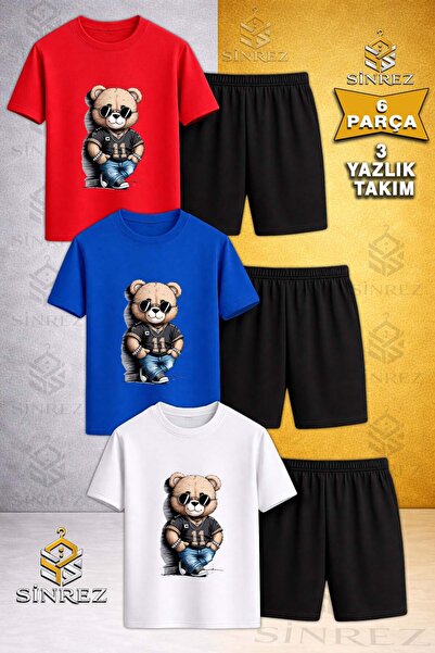 SİNREZ Children's Bear Style 11 No Printed Crew Neck 3-Piece T-Shirt - Shorts...