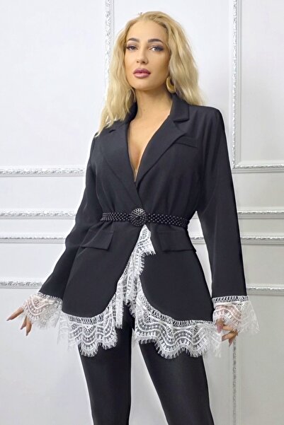 FashionForYou WALERIA κοντό φόρεμα-σακάκι, με λευκό κέντημα δαντέλας, Μαύρο, ...