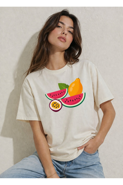 FREAK T-SHIRT Women's Ecru Oversize T-Shirt – Modern Graphic Print, 100% Cott...