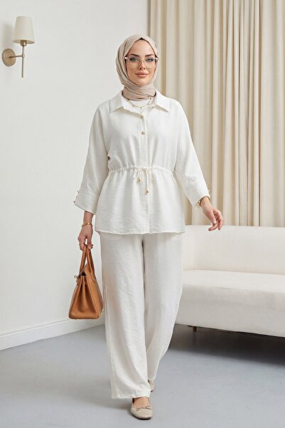 Modamorfo Βαμβακερό Σετ με Τούνελ Δέσιμο, Ελαστική Μέση και Παντελόνι - εκρού