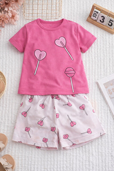 BABY SPORT طقم تي شيرت وشورت للفتيات مطبوع عليه حلوى، طقم كاجوال مريح