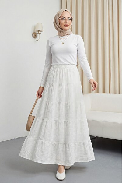 Modamorfo Φούστα μουσελίνα με ελαστική μέση και τμήματα - εκρού