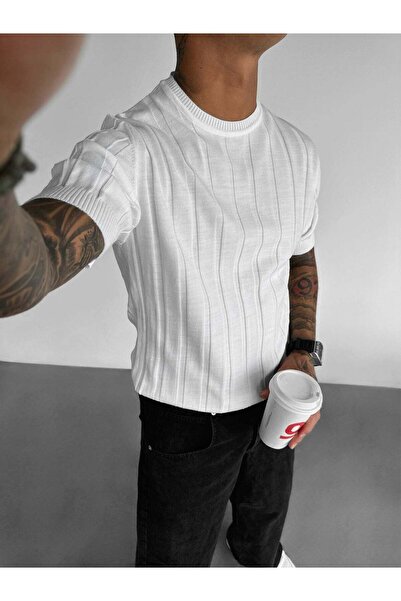 elkumoda Στυλ Old Money Ανδρικό T-shirt με κάθετες ρίγες, στενή εφαρμογή, πλε...