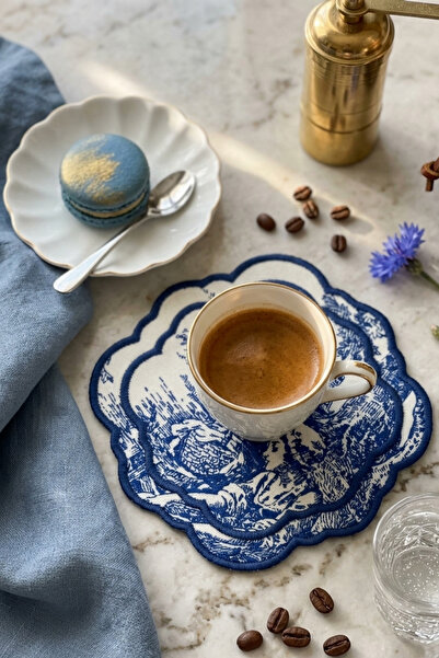 SUFFRA 6 Kişilik Vintage Mavi Fransız Köy Desenli Kokteyl Peçetesi