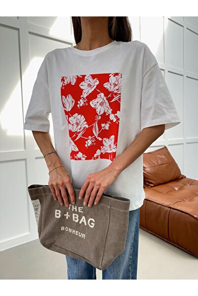 yeditepe fashion Crew Neck Oversize Floral Patterned T-Shirt
