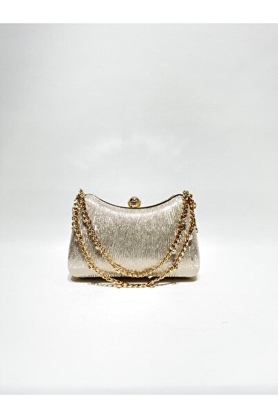 womenacs Χρυσόχρωμο ύφασμα λέιζερ κυματιστό βραδινό φόρεμα με λουράκι αλυσίδα...