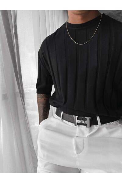 elkumoda Στυλ Old Money Ανδρικό T-shirt με κάθετες ρίγες, στενή εφαρμογή, πλε...