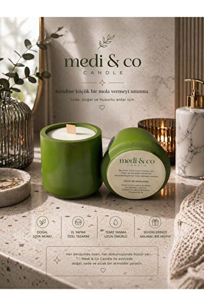MD Design Medi & Co Candle Yeşil Silindir Taş Tozu Soya Mumu - El Yapımı Deko...