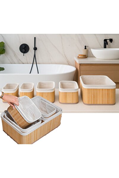 Kiesa 5'li Bambu Hasır Sepet Çok Amaçlı Bambu Hasır Sepet Banyo Sepet Banyo O...