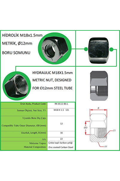 Rekorsan HİDROLİK M18X1.5 METRİK SOMUN 12mm BORU UYUMLU, HYDRAULIC M18X1.5 ME...