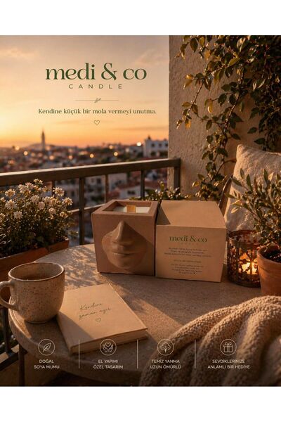 MD Design Medi & Co Candle Dekoratif Yüz Figürlü El Yapımı Soya Mumu Kahveren...