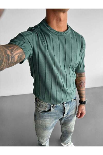 elkumoda Στυλ Old Money Ανδρικό T-shirt με κάθετες ρίγες, στενή εφαρμογή, πλε...