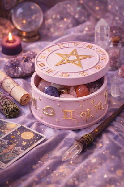 PELIUS Spiritual, Zodiac Sign, Astrology Themed, Gold Detailed, Pink Zodiac Jewelry Box, Mini Natural Stone Box