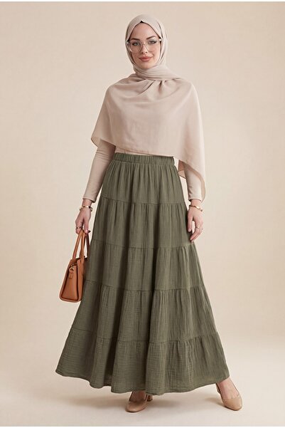 Modamorfo Φούστα μουσελίνας με ελαστική μέση και τμήματα -χακί