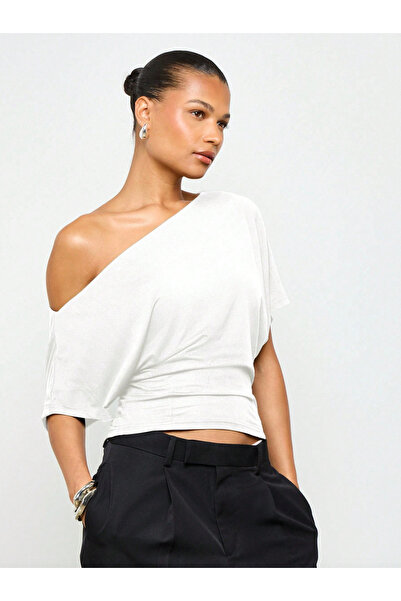 S&A DESIGN Γυναικεία μπλούζα με λαιμόκοψη σκάφος, με έναν ώμο, φαρδιά μανίκια...