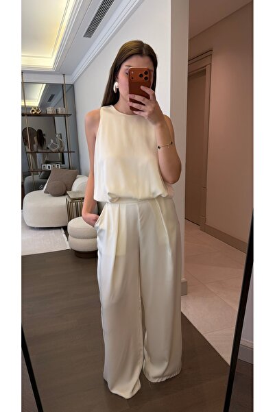 VERMOND Saten Balon Bluz Pantolon Takım – Krem