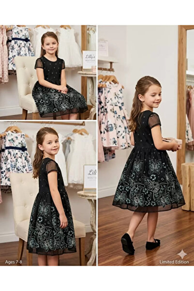 miyrem 6-7-8 Years Old Burning Print Glitter Children's Dress