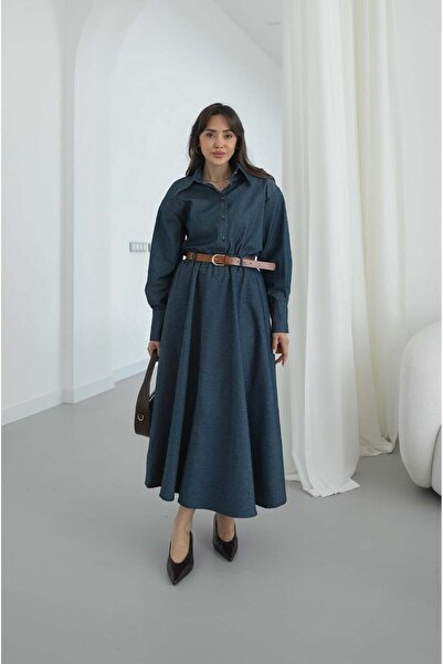 Havoş Ανοιχτό μπλε πουκάμισο με ζώνη και τζιν φούστα