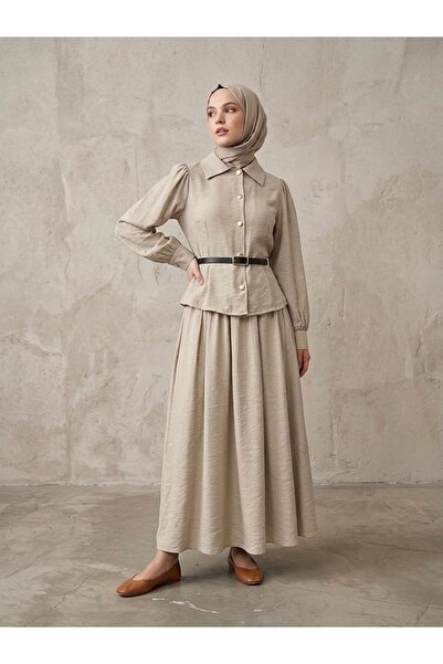 Naknaku Front and Back Pencil Belt Detailed Skirt Suit-Stone
