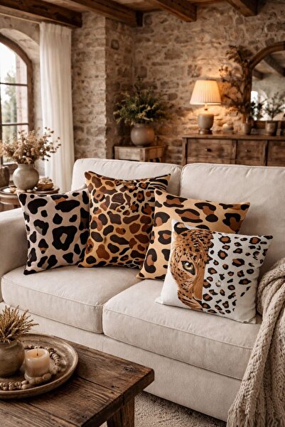 fdm desıgn Bohem Leopar Desenli 4’lü Kırlent Kılıfı Seti 43x43 cm Safari Tarz...