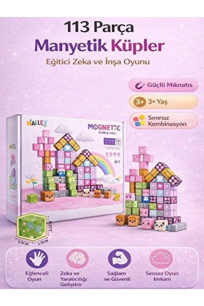 Oyunsal Kız Çocuk İçin Manyetik Küpler 113 Parça -Eğitici Zeka Oyunu Renkli Y...