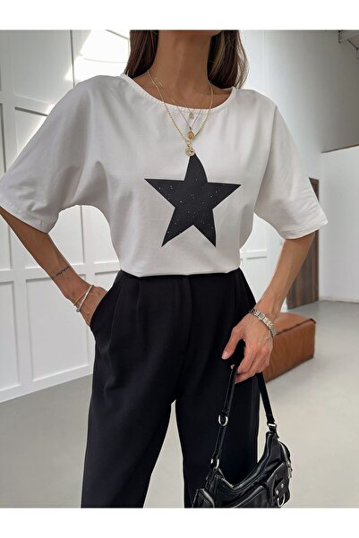 yeditepe fashion Μπλουζάκι με σχέδιο αστεριών και λαιμόκοψη ποδηλάτου