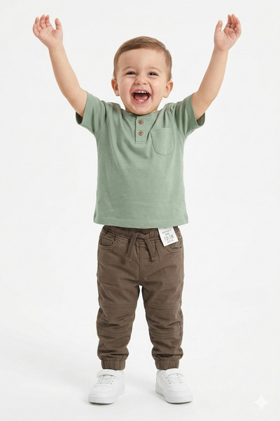 Baby Erkek Bebek Haki Kargo Pantolon Çağla Yeşili Hakim Yaka Tshirt 2'li Takı...