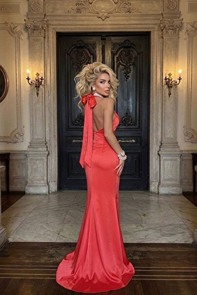 Afitapbutikmoda Boyundan Baglamalı Sırt Dekolteli Uzun Balık Saten Gece Elbisesi