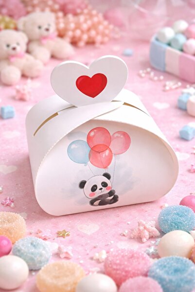 Emtory Home 10 Adet - Panda Balonlu Kalpli Hediye Kutusu - Şeker Kutusu - Mev...