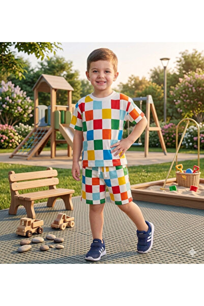 Neo Kids Çocuk Çok Renkli Damalı Desen Alt Üst Takım