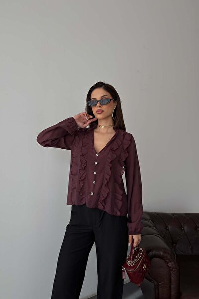 MyLoore Women's Plum Ruffle Detailed V-Neck Blouse Mlb196