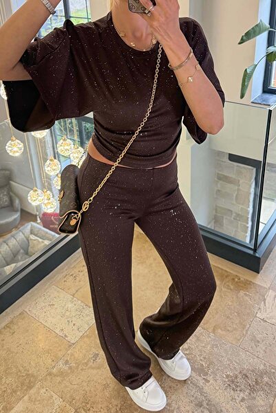 MyLoore Women's Brown Glitter Lycra Double Set Mlb191