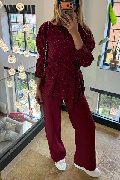 MyLoore Women's Burgundy Stone Detailed Belted Shirt and Trousers Set Mlb190