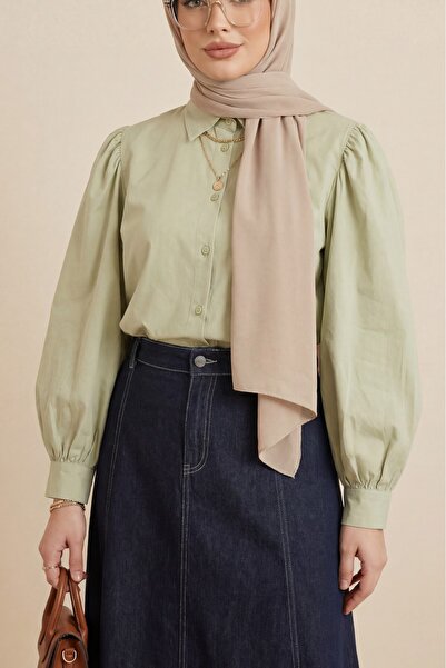 Modamorfo Κοντό πουκάμισο ποπλίνα με μανικέτια μπαλόνι - λαδί