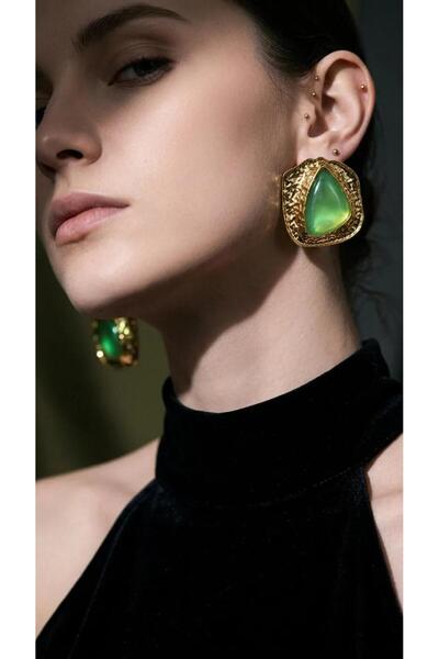 LİYONA JEWELLERY Yeşil Taşlı Asimetrik Modern Küpe
