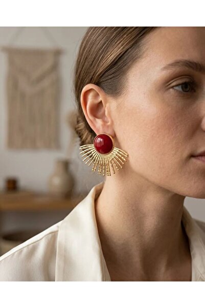 LİYONA JEWELLERY Yarım Güneş Bordo Küpe