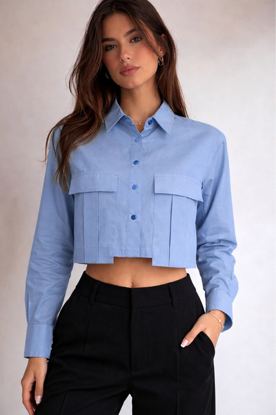 Albie Women's Black Crop Shirt with Buttoned Pocket Detail, Stylish Short Shirt