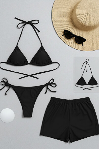 İntive Lingerie Γυναικείο Σετ 3 τεμαχίων: Μαύρο σορτς και μπικίνι μαγιό με δέ...