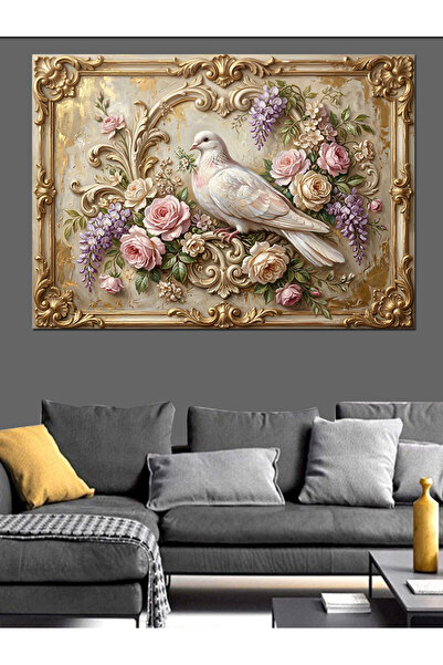 Artmeg Simbolul Păcii Porumbel Alb cu Flori - Pânză Decorativă - Masă din Lem...