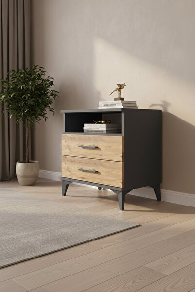 mobihobi Luna Komodin 2 Çekmeceli 1 Raflı 60x44x64 Antrasit-Çam | Modern Yata...