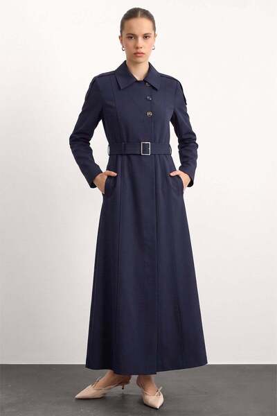 Olcay Lined Overcoat with Epaulettes and Belt Detail Dark Blue 6851