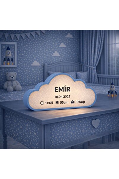 MEKA3D Kişiye Özel Bulut Gece Lambası – Doğum Bilgili Bebek Odası LED Gece La...