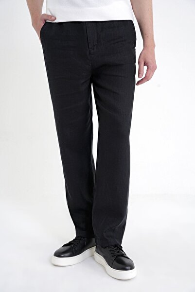 Efor Oversize Fit Side Pocket Elastic Waist Black Linen Trousers P 1216