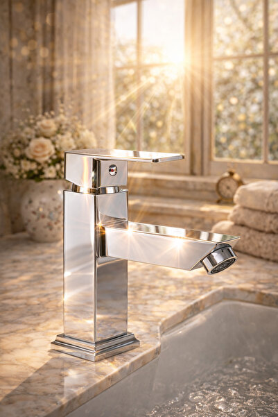 ELMİNA ARMATUR Krom Lavabo Bataryası Modern Kare Tasarım Banyo Musluğu Sıcak ...