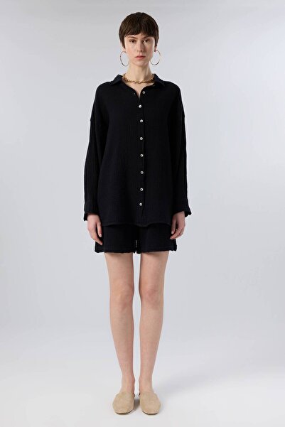İpekçi Otantik Collared Oversize Muslin Women's Shirt Black