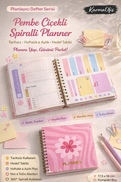 KarmaOfis Roza cvetni spiralni planer – nedatirani nedeljni i mesečni planer,...