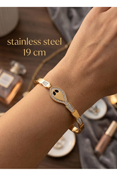 stainless steell 316L gold renk yılan model zirkon taş detay çelik kelepçe bi...