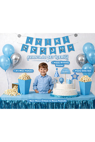 Dizayn Parti Evi DZYN Mavi Doğum Günü Seti İyi Ki Doğdun Banner Pasta Üstü Sü...