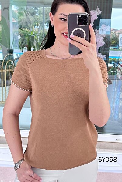 İnce Topuk Μπλούζα Πλεκτή Mercerized με Πέρλες στα Μανίκια 6y058