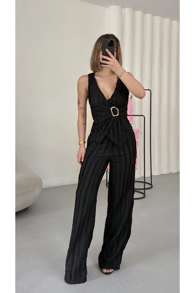 nona butik Costum Carolin cu cataramă și două rânduri de nasturi - Negru